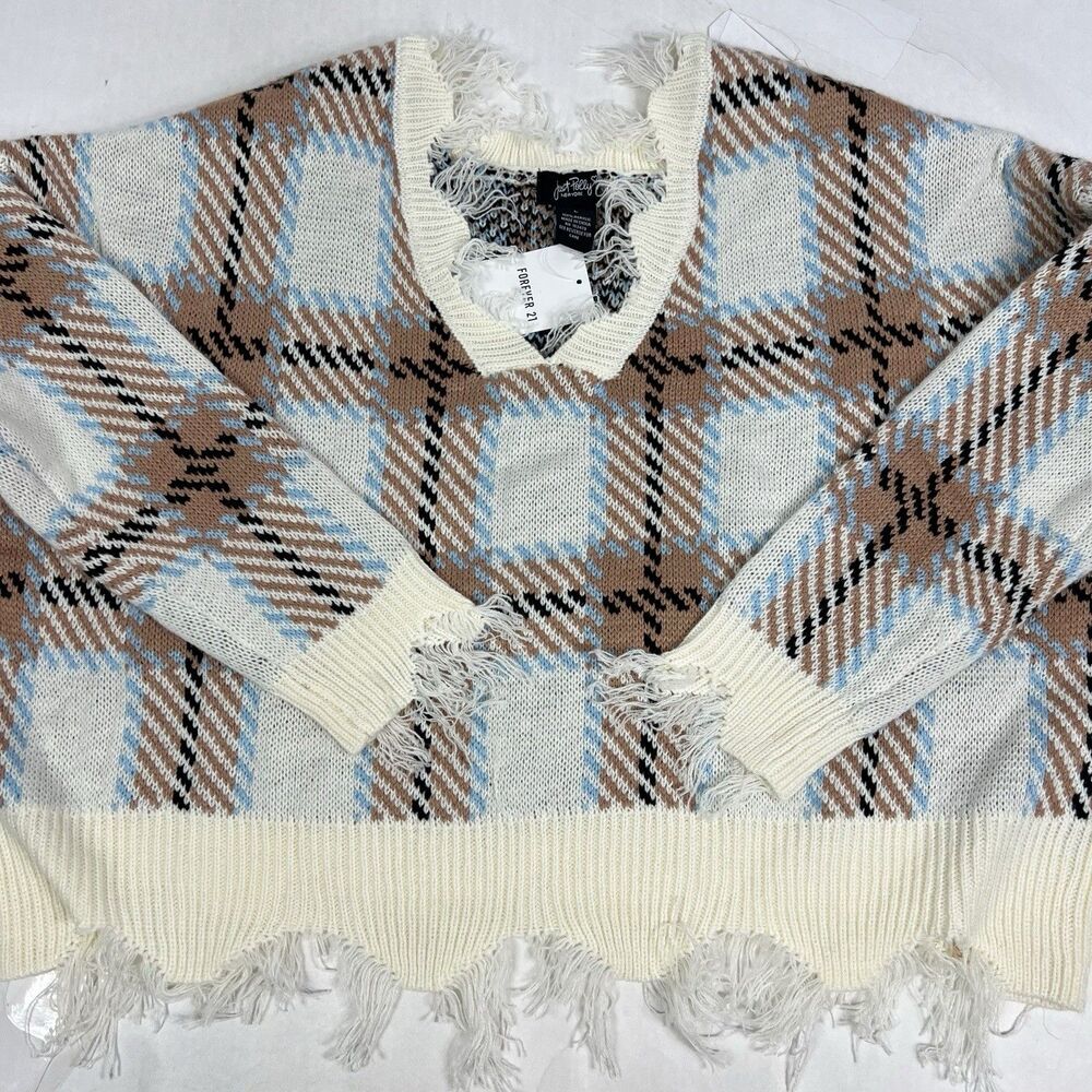 NEW Just Polly Junior Plaid Distressed V-Neck Fringe Boxy Pullover Sweater Large - Picture 5 of 10